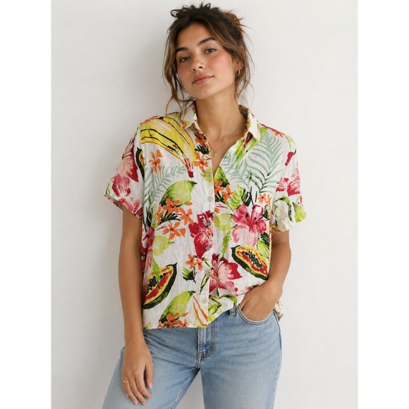 C&C California Tops - C&C California Womens Small 100% Linen Tropical Fruit Floral Button Up Shirt